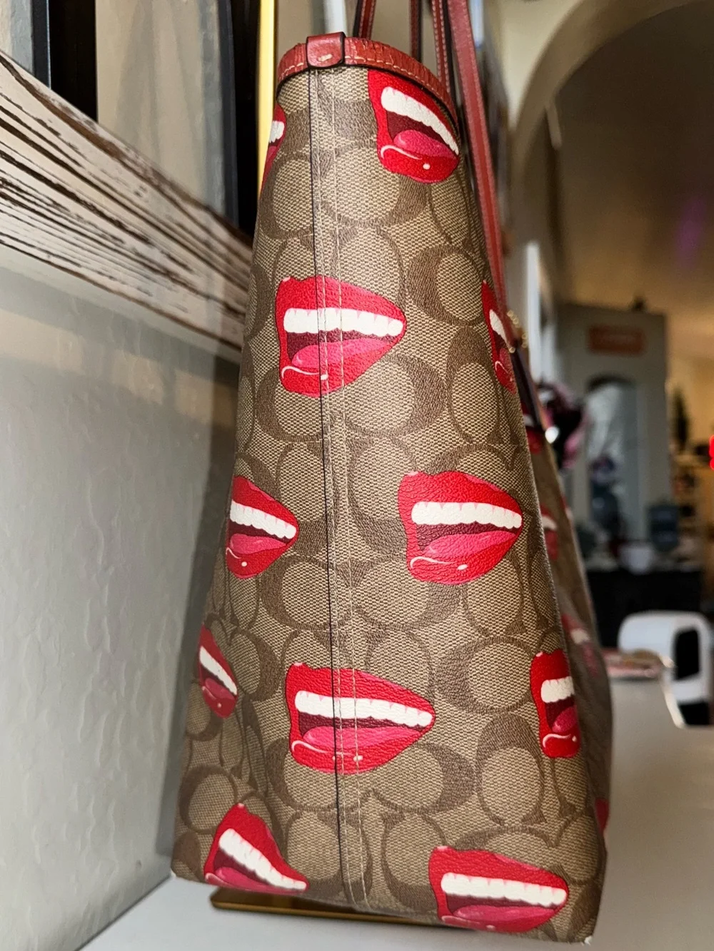 Coach x Tom Wesselman 2023 City Tote signature khaki w red smile mouth lips